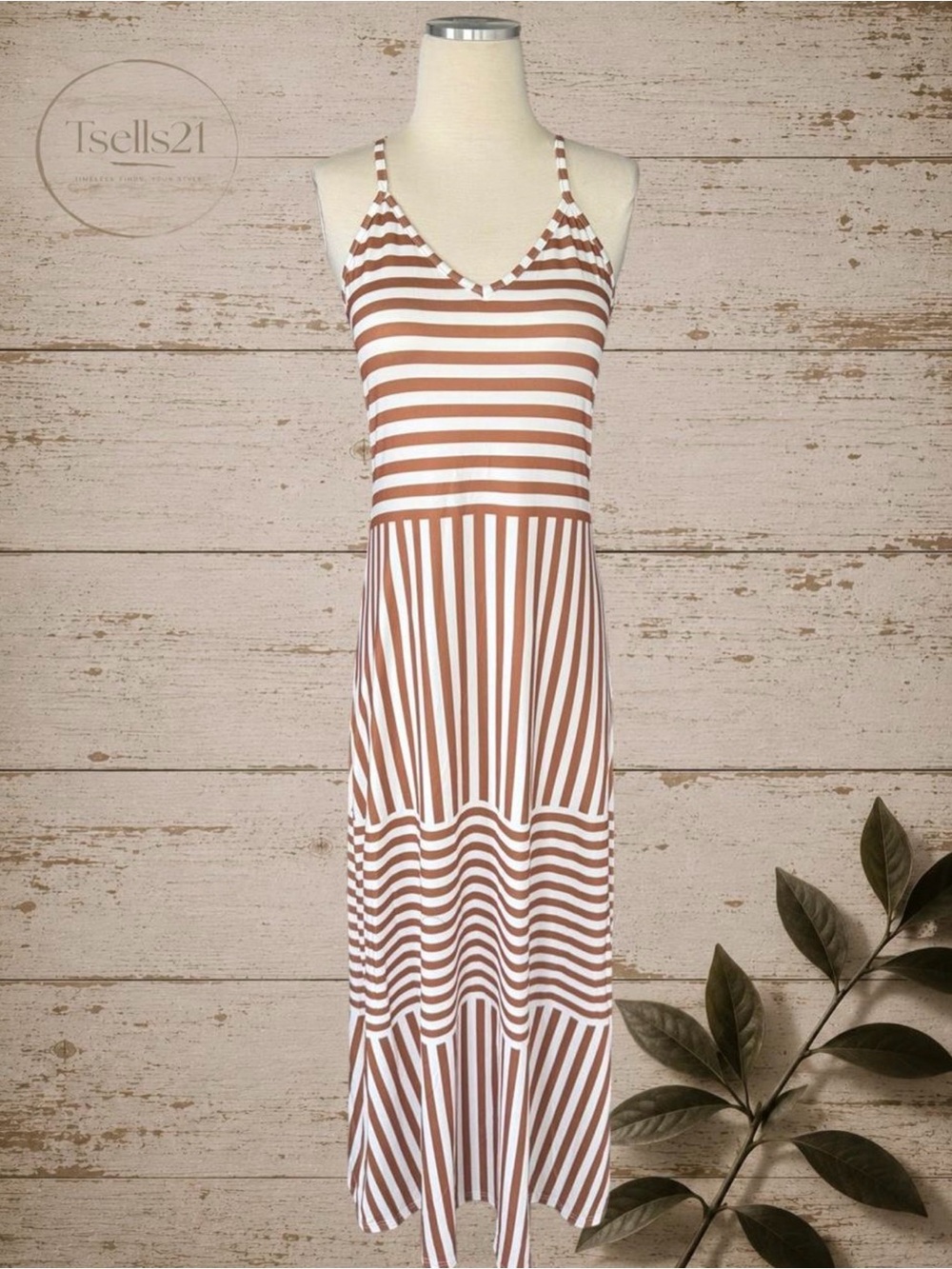 SHEIN Brown & White Mixed Stripe Multi-Directional Maxi Dress - Size S